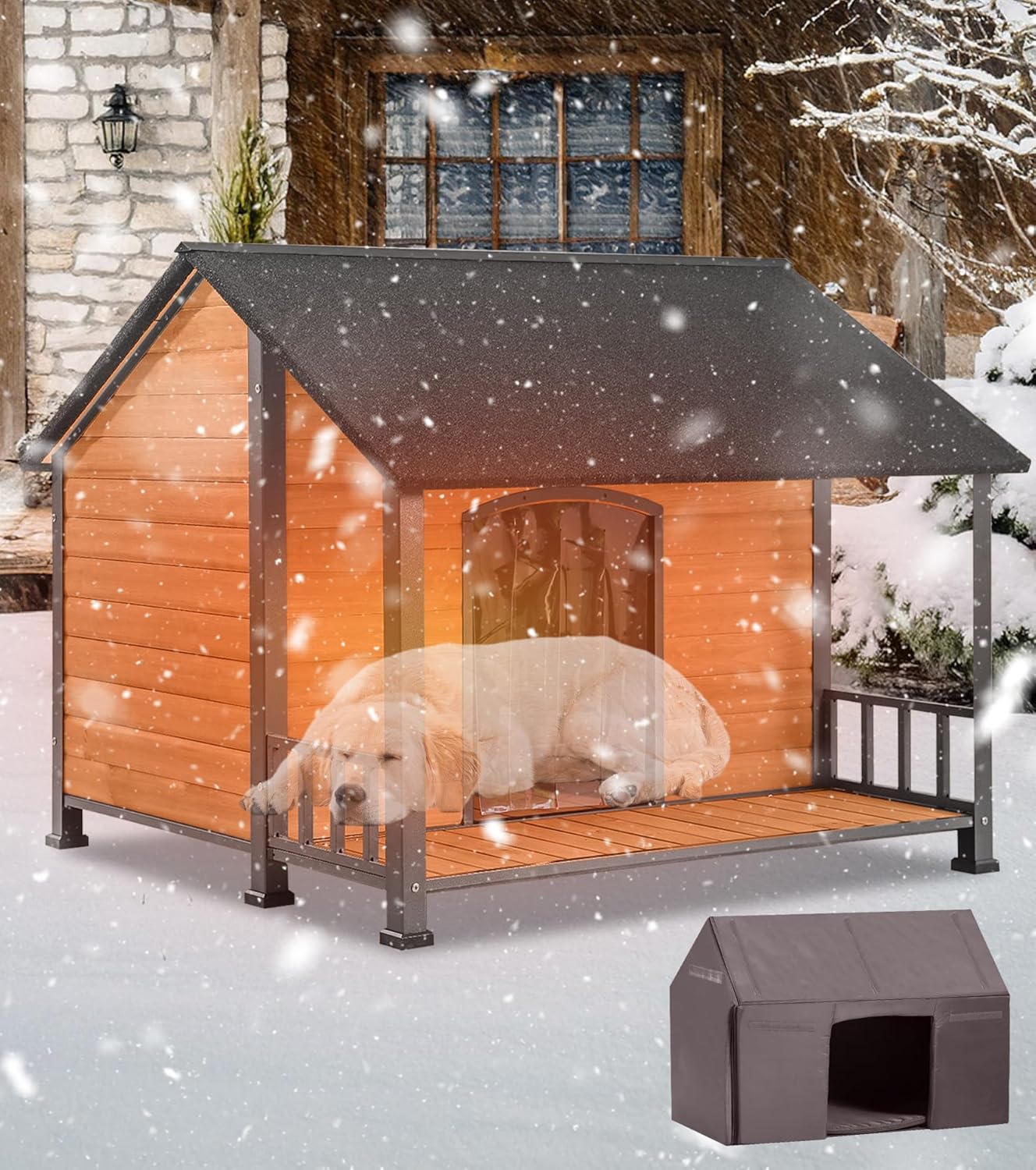 Extra Large Dog House Outdoor for Large Dogs, Insulated Dog House with Metal Frame, Waterproof Dog Shelter with Asphalt Roof, PVC Curtain & Multifunctional Patio, Indoor Outdoor Use - Pet Explorer
