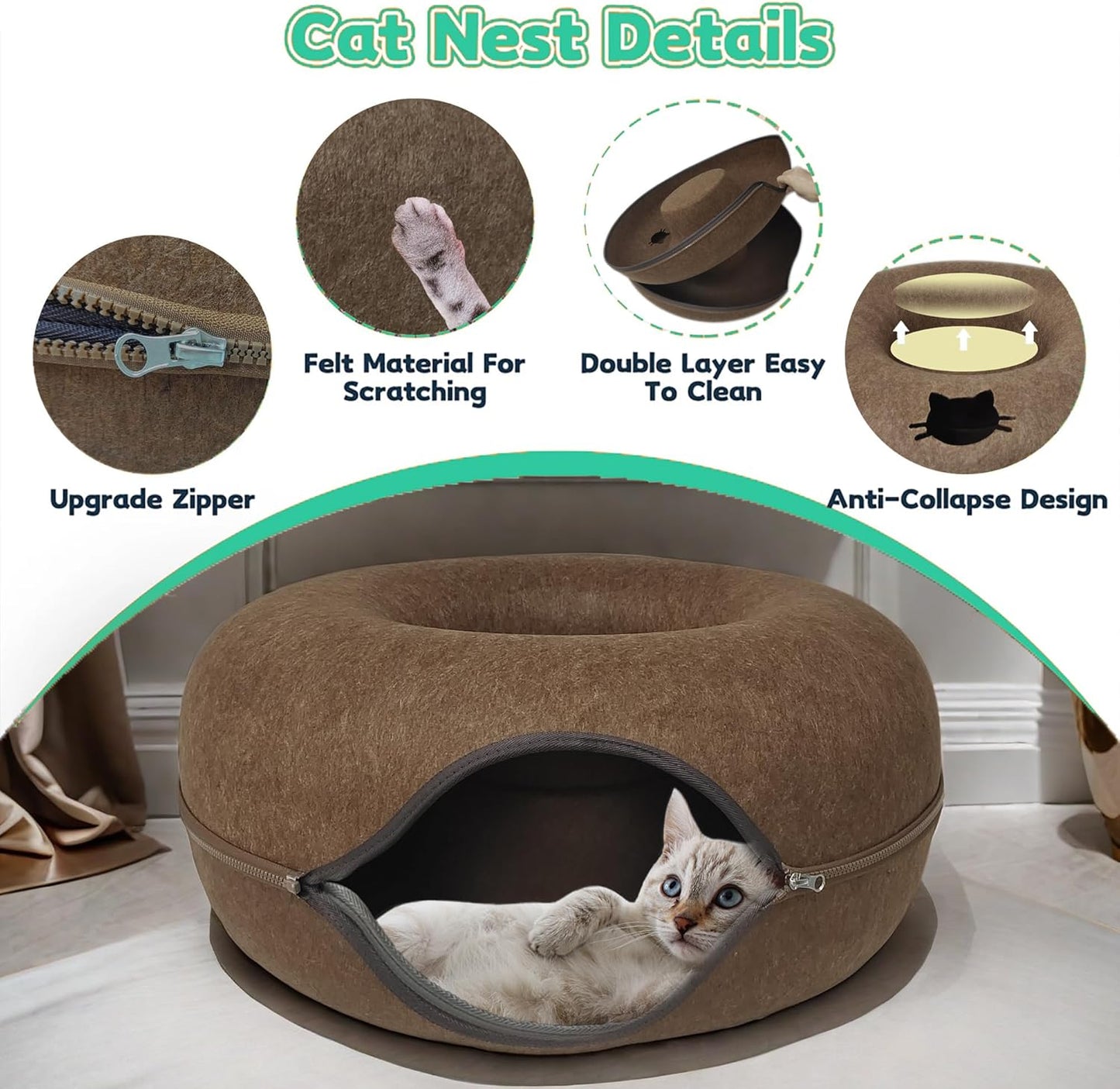 Donut Cat Tunnel Bed Peekaboo Cat Cave for Large Cats Up to 30 Lbs, Kitty Interactive Playing Tent House for Multiple Cats,Detachable,Scratch Resistant (Brown, Medium - 20 Inch Diameter) - Pet Explorer