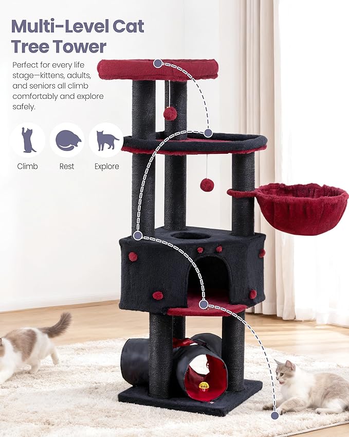 Heavy Duty Cat Tree for Large Cats Adult - 60 Inch XXL Sturdy Cat Tower Condo with Extra Wide Scratching Posts (φ4.4in) Big Cat House Hammock Perch - Indoor Wood Modern Multi Level Corner Cat Bed