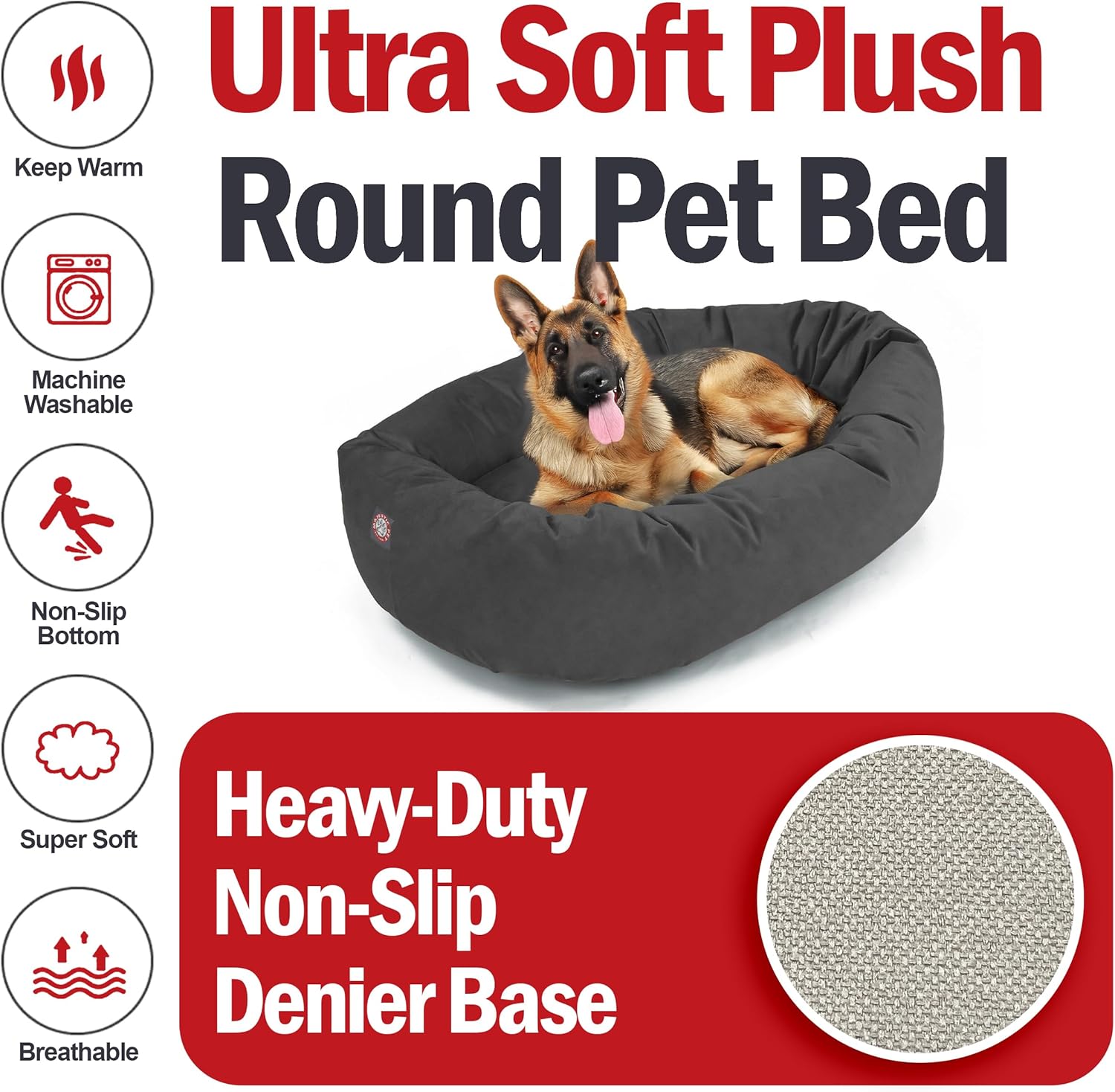 Majestic Pet 52 Inch Suede Shredded Memory Foam Mix Calming Extra Large Dog Bed Washable 52 x 35 x 11 (Inch) - Cozy Soft Round Donut Dog Bed with Spine for Head Support - Pet Bed Gray - Pet Explorer