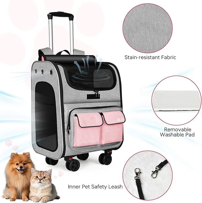 MGB Large Pet Carrier, Foldable Rolling Dog Carrier with Removable Wheels, Cat Rolling Bag 21.3"x15"x12.6" for 2 Cats & 1 Dog for Travel, Outdoor, Vet Visits, Camping, Indoor. Pink. (Not for Airline)