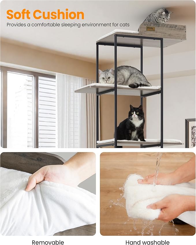 Modern Wood Cat Tree Tower, 84 Inch Extra Tall Cat Condo Trees for Indoor Cats Large Adult, XL Multi-Level Heavy Duty Wooden Sturdy Cat House Furniture with Platform Perch Bed Scratching Post Board