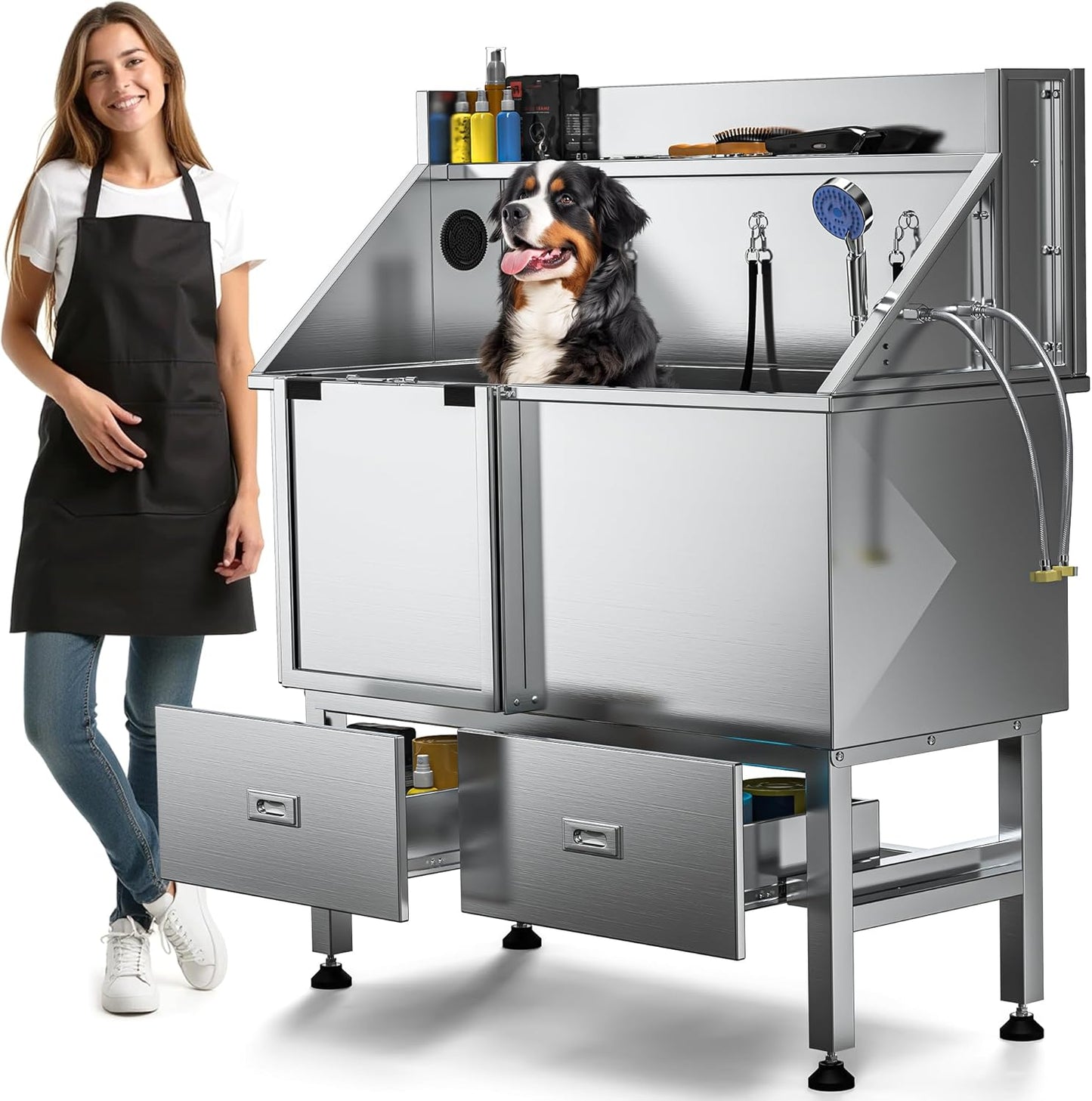 DWVO Professional Dog Bathing Station Stainless Steel 304 Pet Bathtub, 50in Dog Grooming Tub w/Right Door Ramp, 2 Storage Drawers, Grate, Pet Washing Station for Large, Medium, Small Pets - Pet Explorer