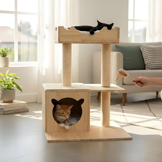 Pine Wood Cat Tree Tower for Indoor Cats – Compact Cat Condo House with Raised Bed and 2 Grey Cushions, Sisal Scratching Posts – Stable Furniture for Medium Cats, 30"