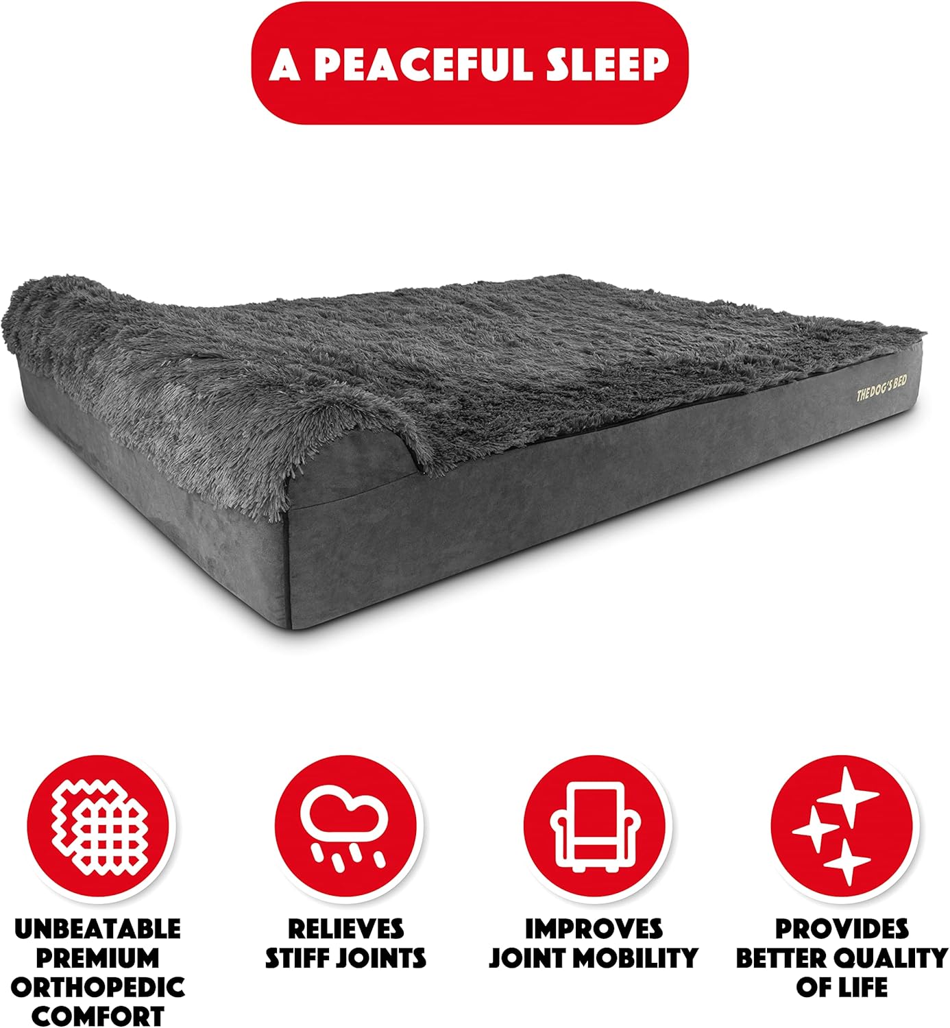 The Dog’s Bed Orthopedic Headrest Dog Bed XXXL Fur Grey 64x44, Memory Foam, Pain Relief for Arthritis, Hip & Elbow Dysplasia, Post Surgery, Lameness, Supportive, Waterproof Washable Cover - Pet Explorer