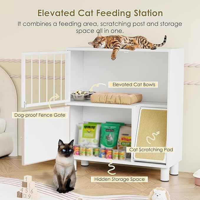 Dog Proof Cat Feeding Station, Metal Cat Feeding Station with Scratching Board, Raised Bowls for Indoor Cats, Elevated Food Bowls with Stand, Pet House Furniture (Metal White)