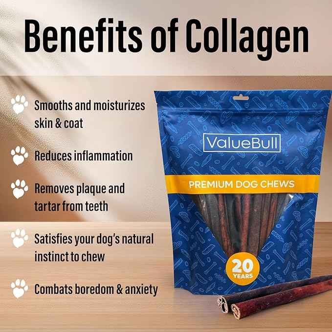 ValueBull Collagen Sticks for Small Dogs, 12 Inch Thin Chews, Natural Dog Treats, 200 Count Bulk Pack - Supports Joints, Skin & Coat with Chondroitin & Glucosamine
