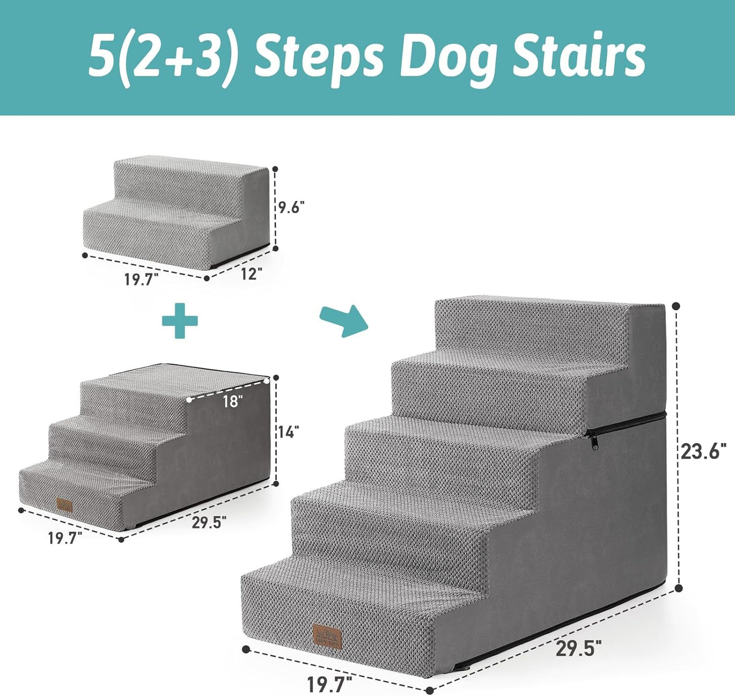 Dog Stairs for Small Dogs, 5 Tier Removable Wider Pet Stairs for Couch and Bed, 23.6" H Non-Slip Dog Steps for Puppies and Old Cats with Support Board, 29.5x19.7x23.6 inch, Grey - Pet Explorer