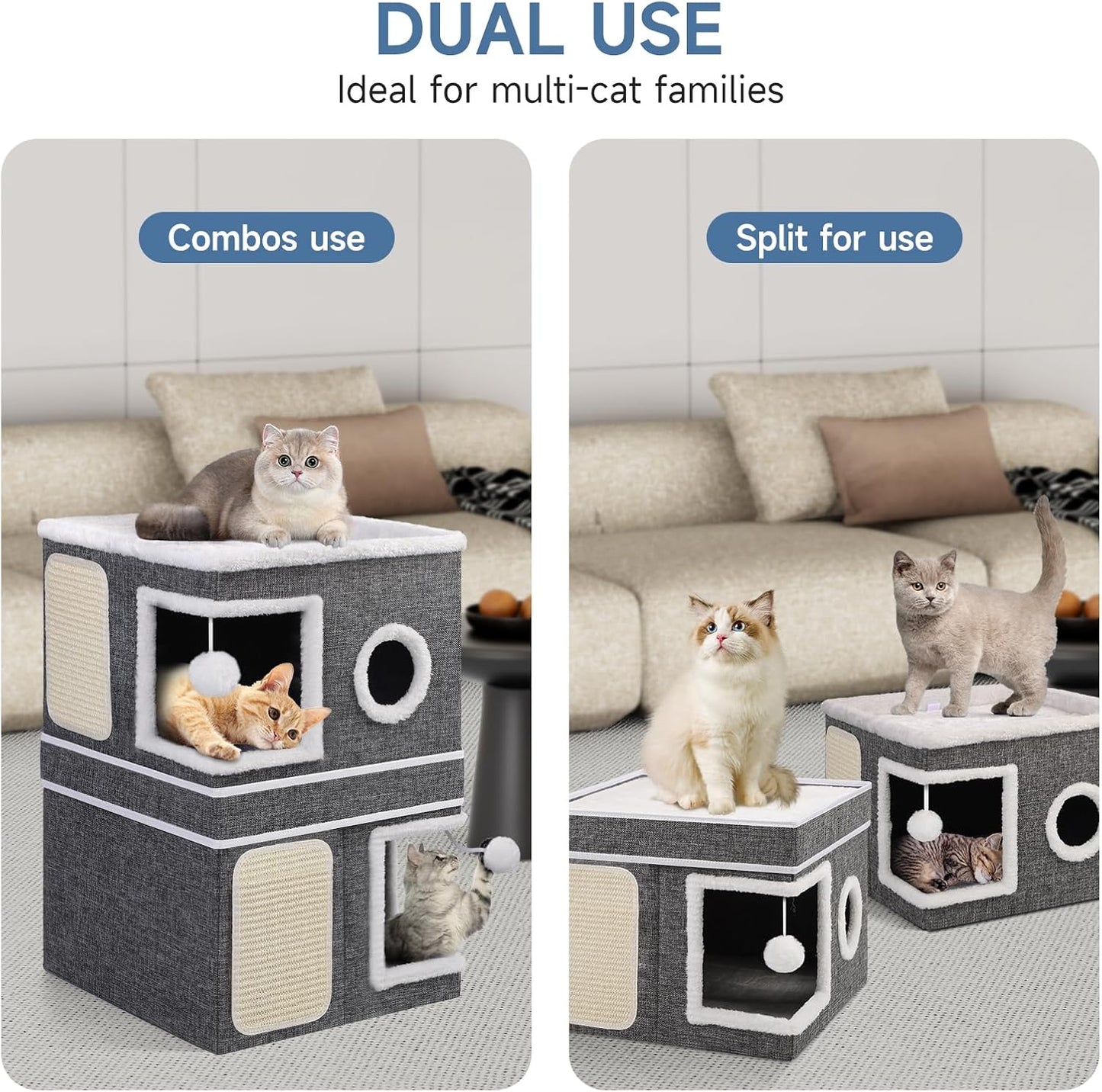 2-Storey Cat House for Indoor Cats, Separate Into 2 Large Cat Bed Cave with Hideaway Condos, Scratch Pads, Hanging Balls, Foldable Indoor Cat House Hold Up to 30LBS, Cat Cube for Multiple Cats Kitten - Pet Explorer