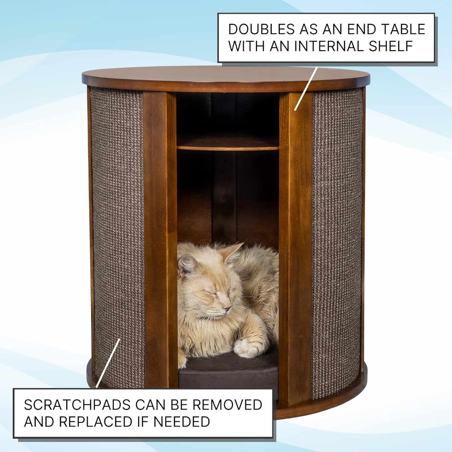 THE REFINED FELINE Purrrrfect End Table Cat Bed Cave in Mahogany Brown, Multipurpose Wood Cat Furniture Nightstand, Easy to Clean Covered Cat Bed with Replaceable Scratching Post & Washable Cushion - Pet Explorer