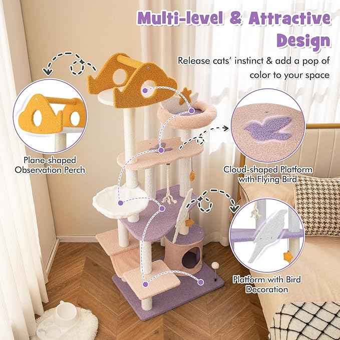 PETSITE Star and Moon-Themed Cat Tree Tower, Multi-Level Modern Cat Tower with Sisal Scratching Posts, Cat Condo, Side Hammock, Hanging Dangling Toys, Cute Cat Tree for Indoor Cats (66 Inch Tall)