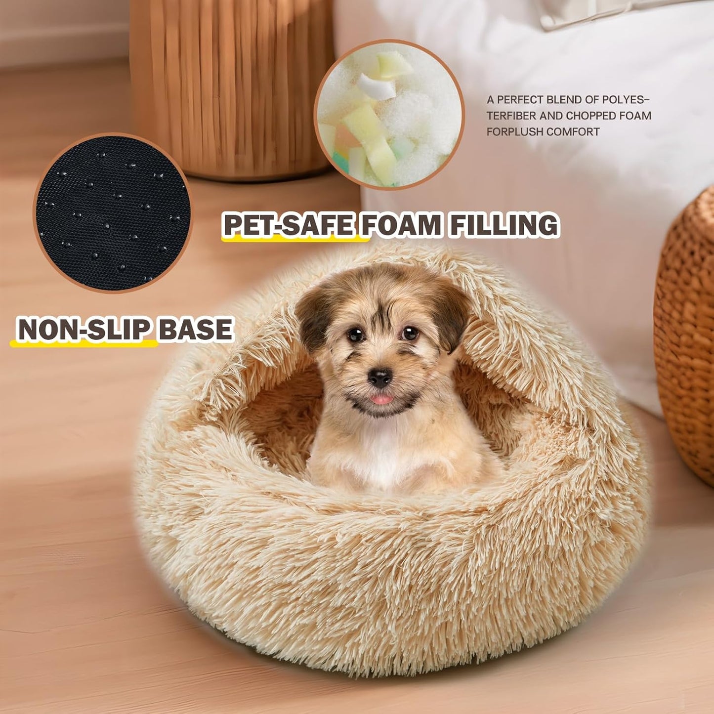 Cat Bed for Indoor Cats, Calming Cozy Cave with Self-Warming Plush, Entire Bed Machine Washable & Anti-Slip Base, Breathable Pet Bed for Small Cats&Dogs All Seasons (Apricot Color, 24 * 24inch) - Pet Explorer
