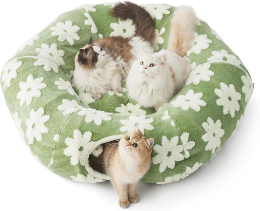 Lesure Large Cat Tunnel Bed - Cute Donut Bed for Indoor Cats with Washable Circle Cushion, Round Pet Peekaboo Cave Toy for Multi Kitten/Puppy/Rabbit, Large Green - Pet Explorer