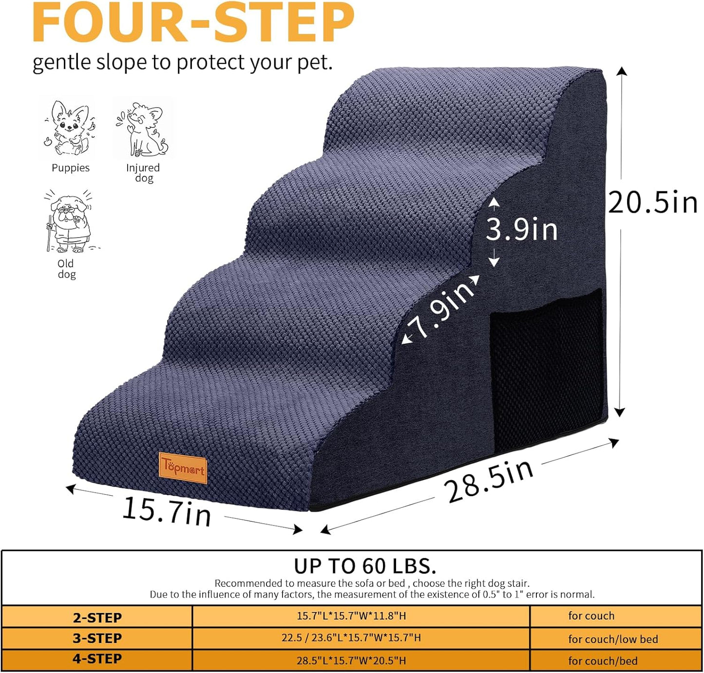 Topmart High Density Foam Dog Steps 4 Tiers,Extra Wide Deep Pet Steps,Non-Slip Dog Stairs Ramp for Bed,Soft Foam Cat Ladder,Best for Older Injured,Older Pets,Cats with Joint Pain - Pet Explorer