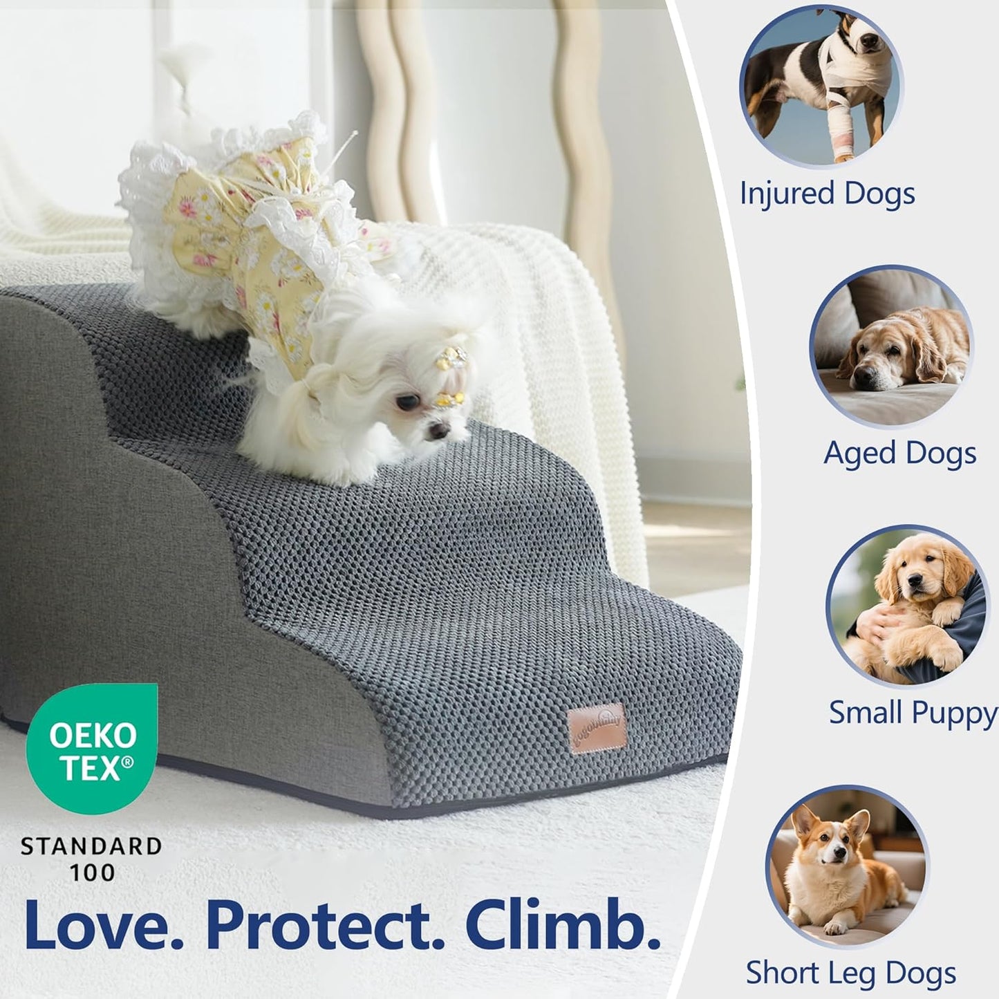 GoGoBunny Ramp Dog Stairs for High Beds 22.6" H, 5-Step Dog Slope Stairs with Durable Waterproof Fabric Cover, Pet Steps for Old Large Dogs Climbing, Non-Slip Sturdy Indoor Step, Grey - Pet Explorer