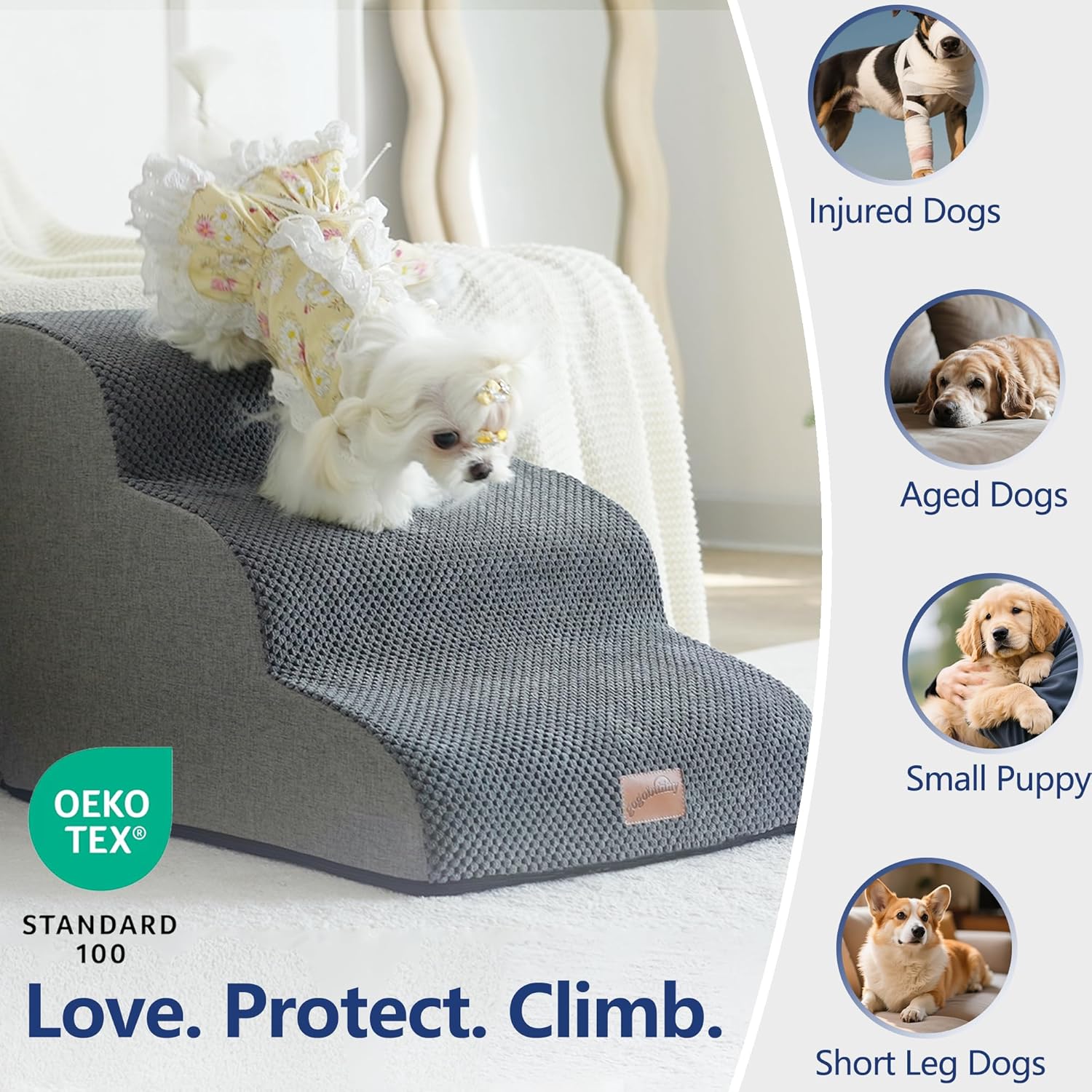 GoGoBunny Ramp Dog Stairs for High Beds 22.6" H, 5-Step Dog Slope Stairs with Durable Waterproof Fabric Cover, Pet Steps for Old Large Dogs Climbing, Non-Slip Sturdy Indoor Step, Grey - Pet Explorer