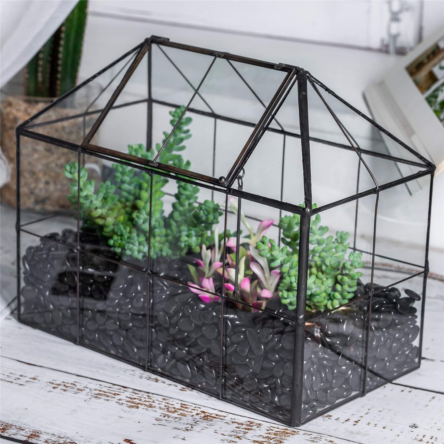 NCYP Glass Terrarium Planter with Lid for Small Succulent Cacti, Grid House Shape Black Geometric Terrarium Pot, Home Garden Indoor Tabletop Decor, 9.84" x 5.31" x 7.87" (No Plants) - Pet Explorer