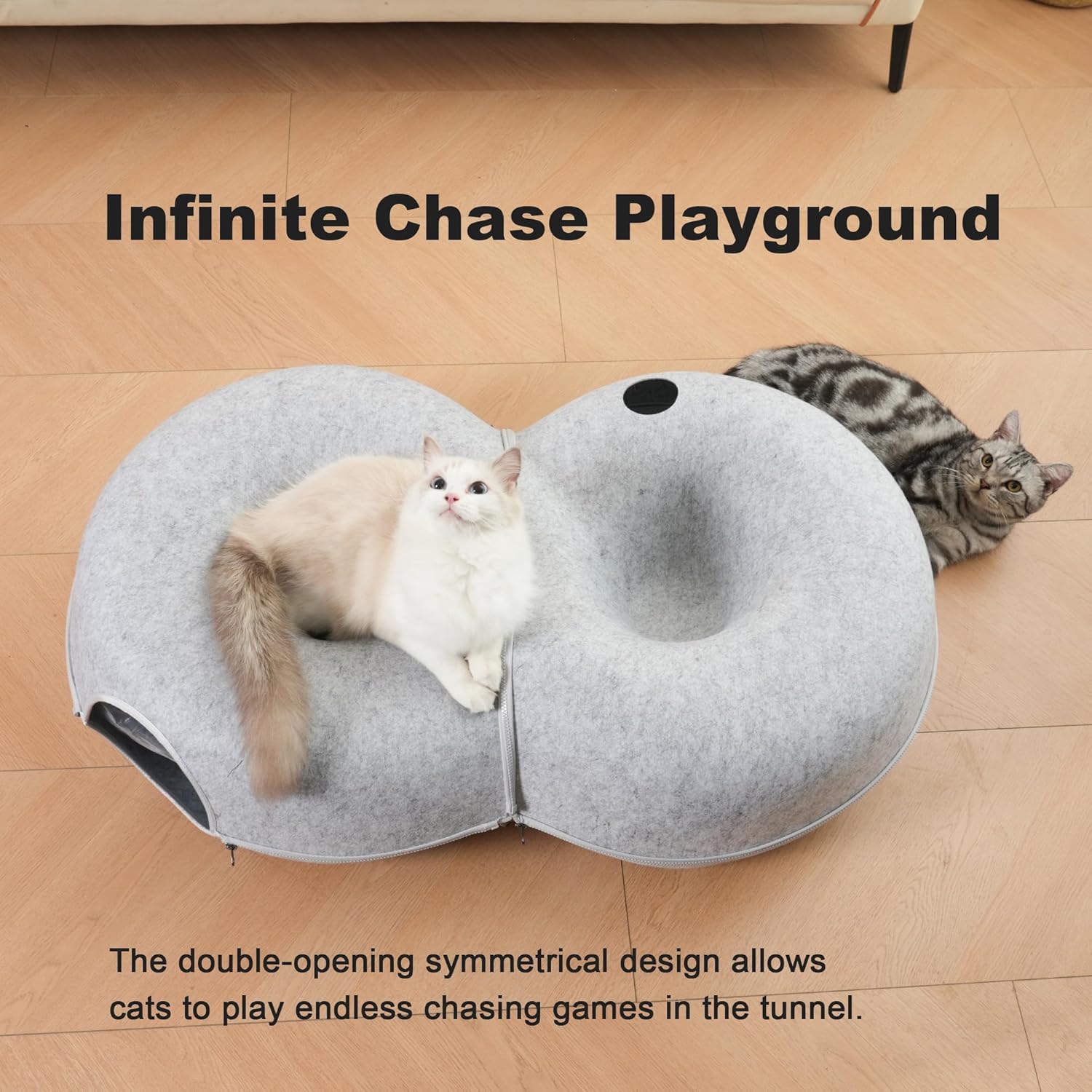 8-Shaped Large Cat Tunnel Bed for Indoor Cats, Infinite Circulation Peekaboo Cat Cave with 12 Toy Balls, Cat Donut Tunnel for Cats up to 30 Pounds (Light Grey, L 38x24x11in) - Pet Explorer