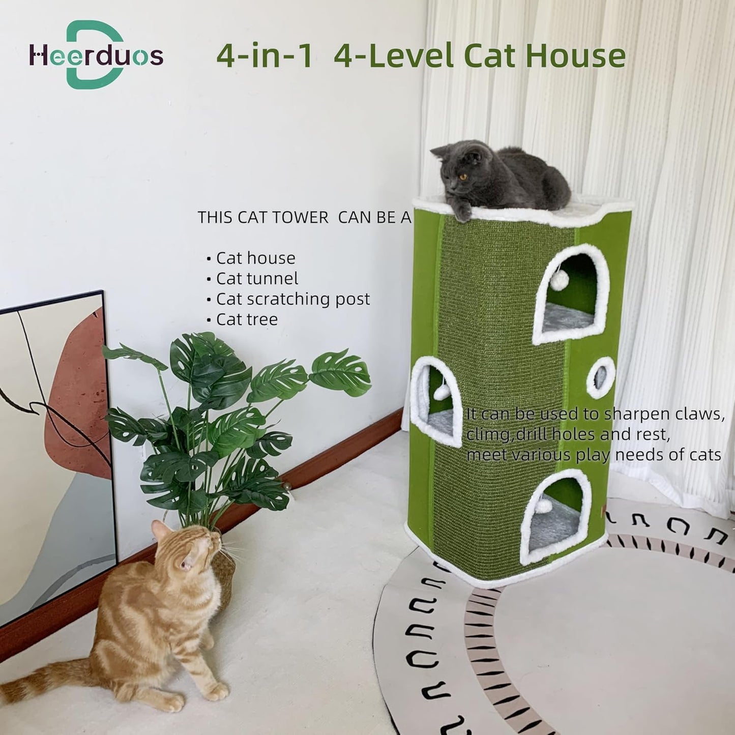4-Level Cat House for Indoor Cats,Covered Cat Beds and Furniture with Scratch Pad,Hideaway Cave &Cushions,Modern Cat Tower Condo for Multi Small Pet and Large Cats Green - Pet Explorer