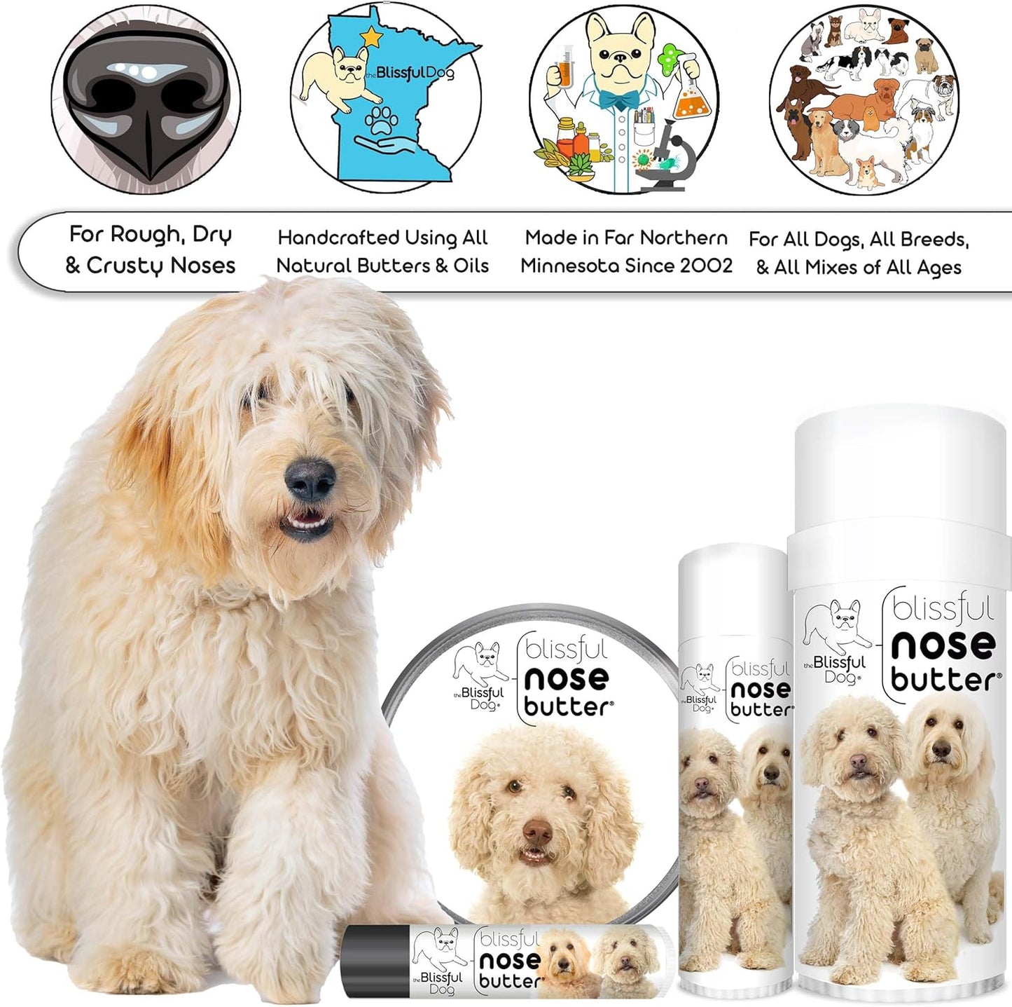 The Blissful Dog Golden Doodle Nose Butter for Dry, Cracked Skin, Lick-Safe Dog Nose Balm with Moisturizing Shea Butter, Almond, Olive, and Essential Oils, Pet Supplies, Uncented, 0.15 oz. - Pet Explorer