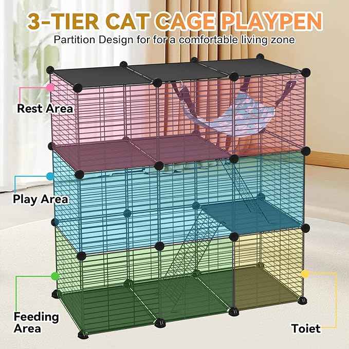 Cat Cage, 3-Tier DIY Catio Cat Enclosures, 36" x 16" x 36" Cat Playpen Indoor & Outdoor with Hammock, Detachable Metal Wire Kennel Cats Crate, 3x1x3 Exercise Place for 1-2 Kitten/Squirrel