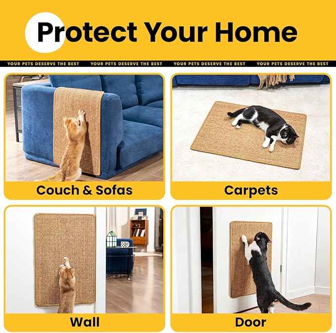 Cat Scratcher Mat,Sisal Cat Scratch Pad with Hook&Loop Tape,Wall Floor Kitten Scratching Pads Rug for Indoor,Furniture Protector for Couch&Carpets&Sofas,Kitty Bithday Gifts,Large,Brown,2 Pack
