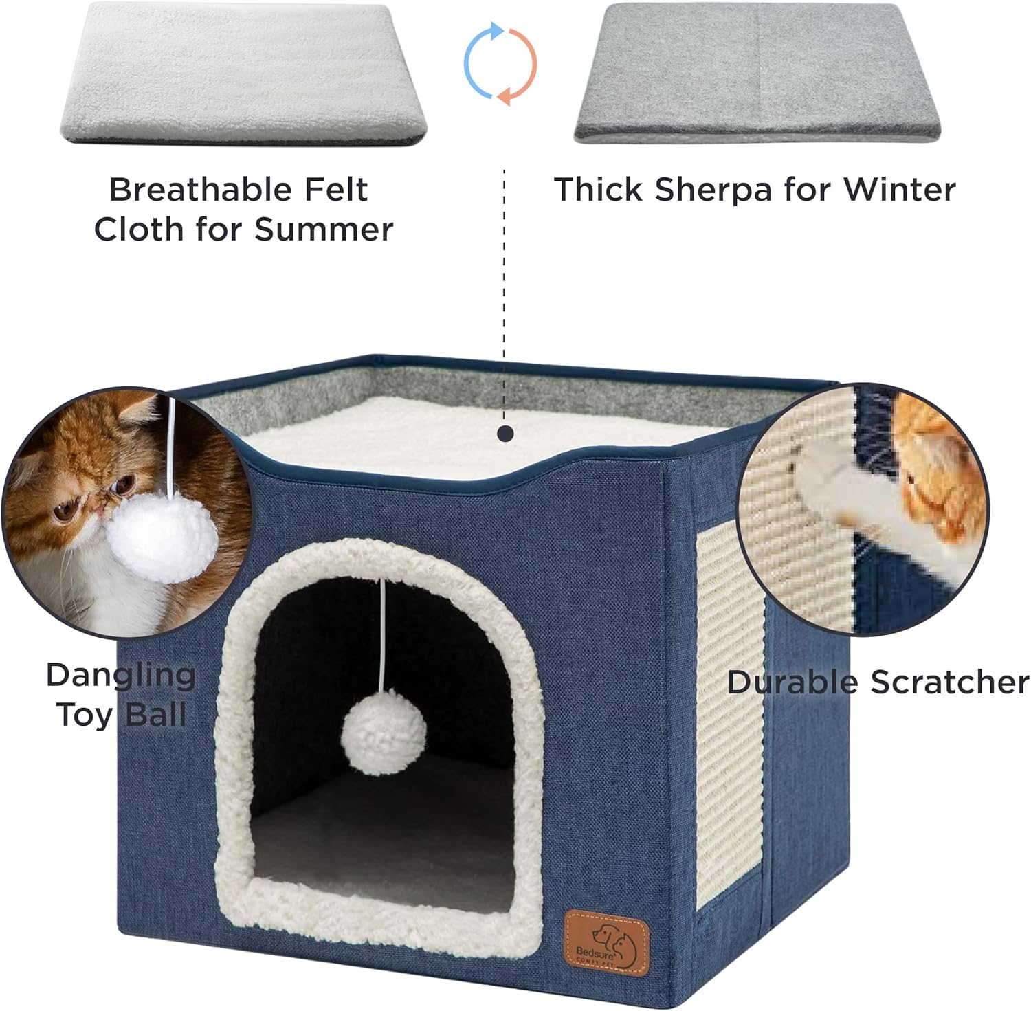 Bedsure Cat Beds for Indoor Cats - Large Cat Cave for Pet Cat House with Fluffy Ball Hanging and Scratch Pad, Foldable Cat Hideaway, 16.5x16.5x13 inches, Blue - Pet Explorer