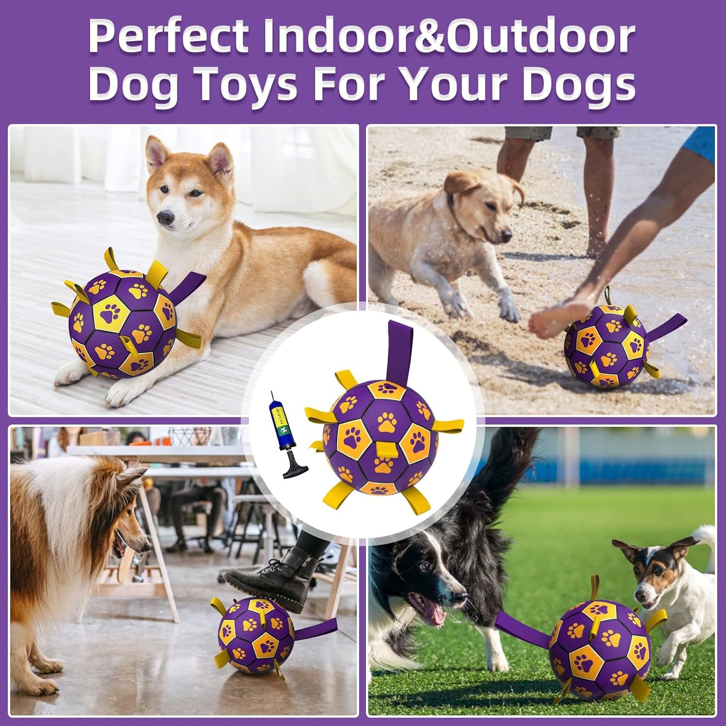 QDAN Dog Ropes Toys, Soccer Ball with Straps, Interactive Dog Toys for Tug of War, Dog Water Toy, Durable Balls for Medium Large Dogs（8 Inch）