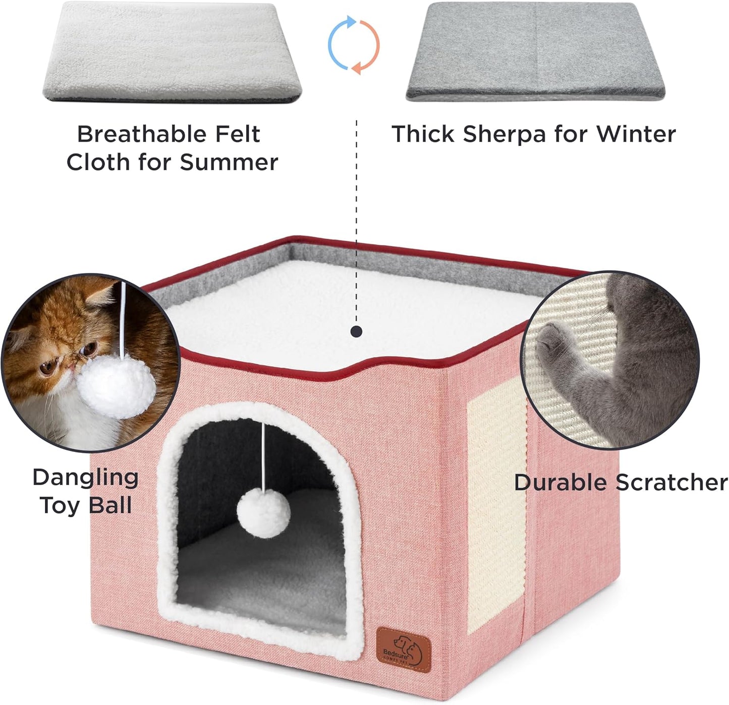 Bedsure Cat Beds for Indoor Cats - Large Cat Cave for Pet Cat House with Fluffy Ball Hanging and Scratch Pad, Foldable Cat Hideaway,16.5x16.5x13 inches, Pink - Pet Explorer