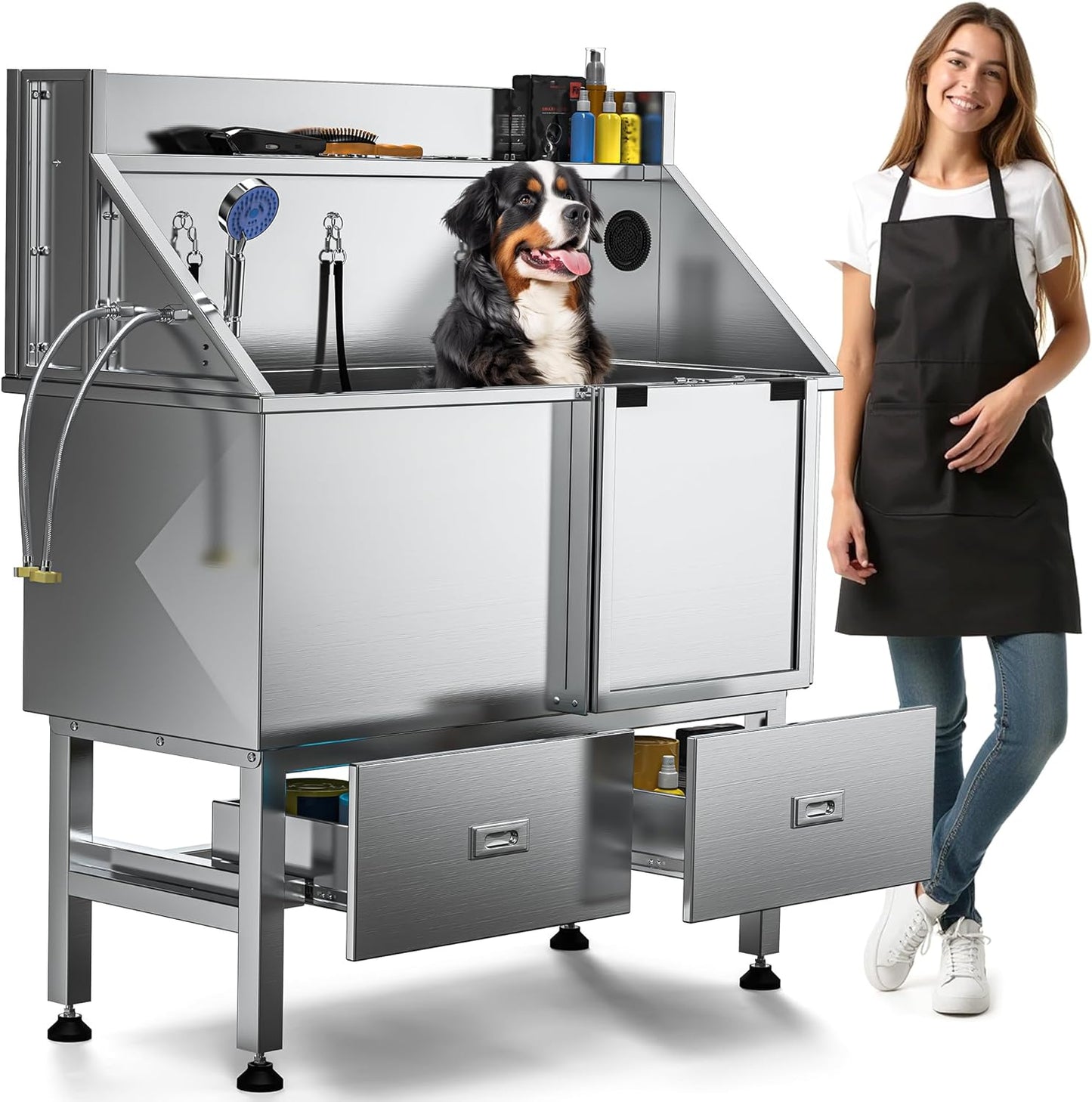 DWVO Professional Dog Bathing Station Stainless Steel 304 Dog Bathtub 50in for Grooming w/Left Door Ramp, 2 Storage Drawers, Faucet, Grate, Pet Washing Station for Large, Medium, Small Pets - Pet Explorer