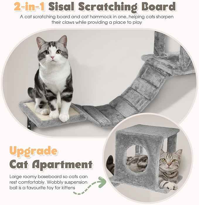 NUNU LAB 7-in-1 Wall Mounted Cat Climber Set, Cat Wall Furniture Set with House, Bridge, Steps, Scratcher Post, DIY Playground, Cat Wall Shelves - Gray