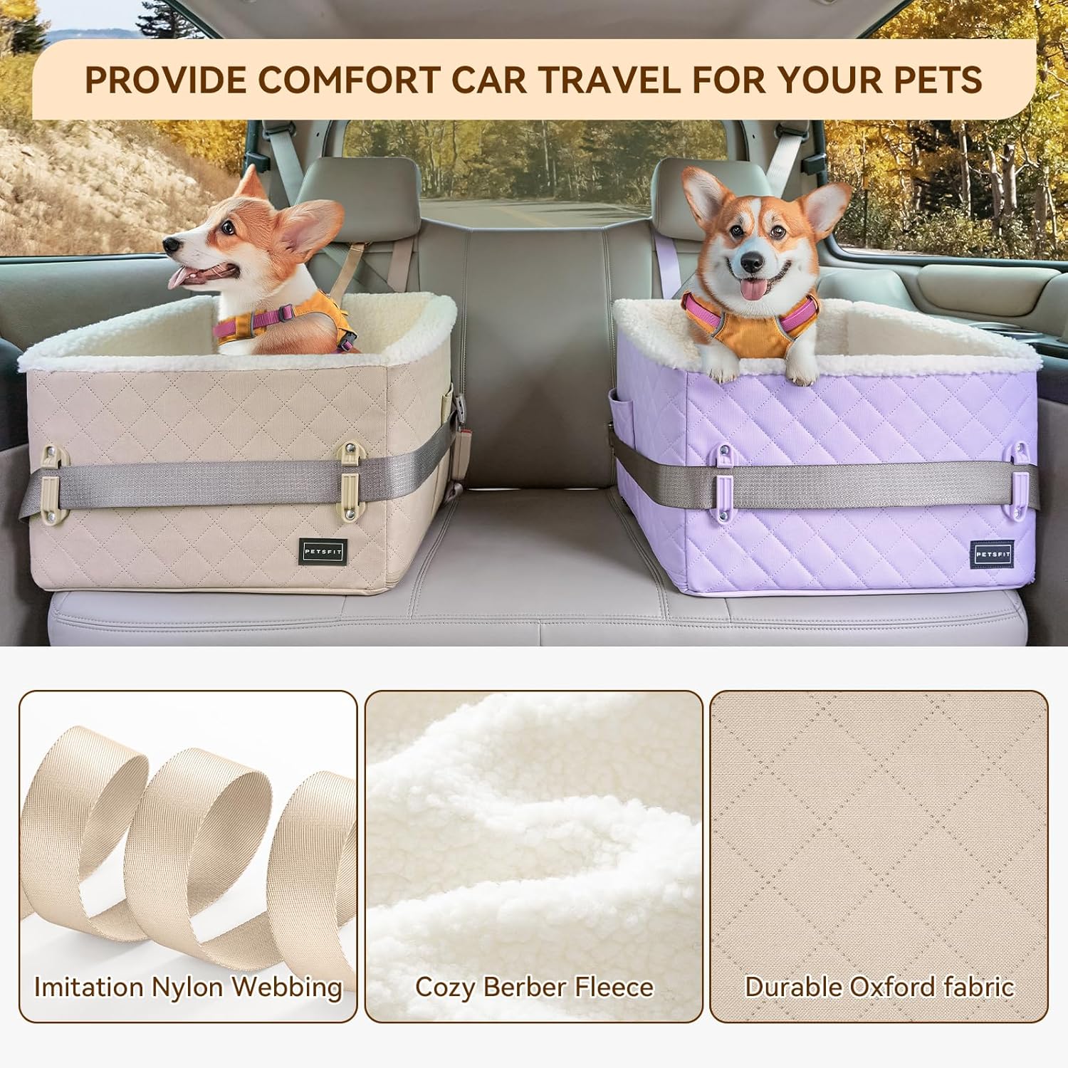 PETSFIT Small Dog Booster Car Seat, Soft Foam Puppy Carseat with Patented Safety Buckles, Storage Pockets and Detachable Clip-On Safety Leash, Dog Car Booster Seat for Medium Pet Under 30 LBS (Khaki) - Pet Explorer