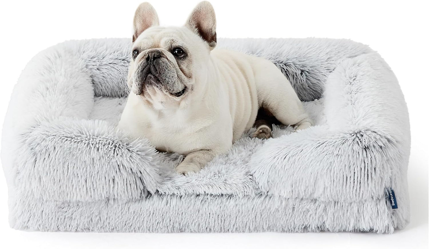 Bedsure Orthopedic Dog Bed Medium Size Dogs - Washable Medium Dog Cat Bed Waterproof, Comfort Pet Couch Sofa with Washable Removable Cover, Pets Bed with Nonskid Bottom, Long Faux Fur-Misty Grey, 28" - Pet Explorer