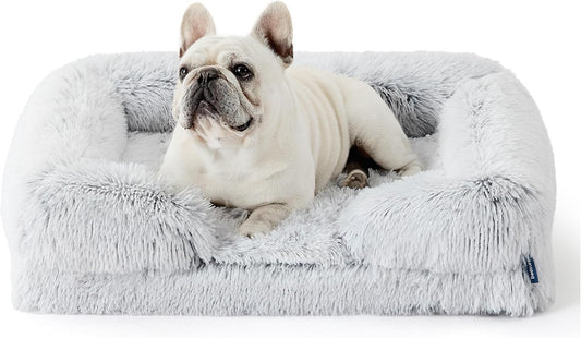 Bedsure Orthopedic Dog Bed Medium Size Dogs - Washable Medium Dog Cat Bed Waterproof, Comfort Pet Couch Sofa with Washable Removable Cover, Pets Bed with Nonskid Bottom, Long Faux Fur-Misty Grey, 28" - Pet Explorer