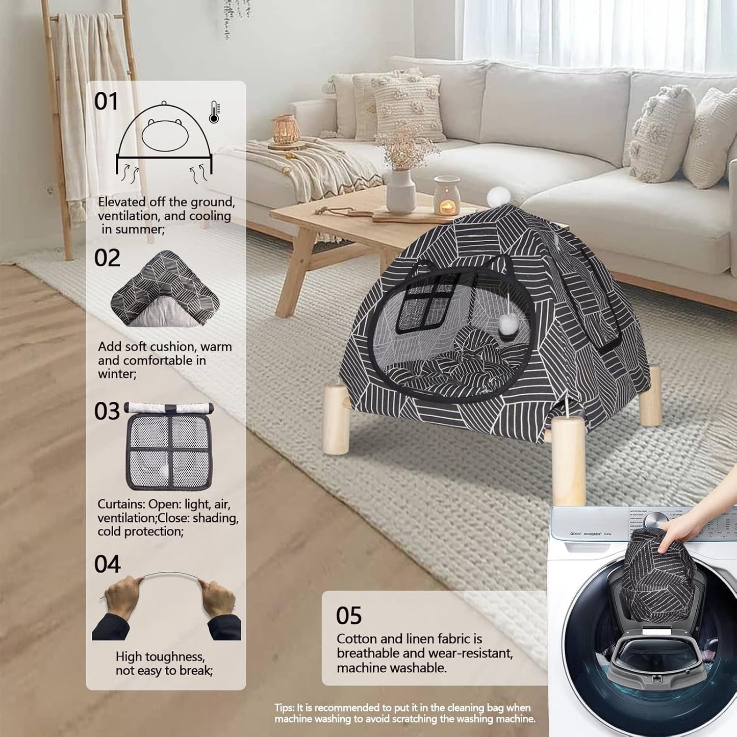 2-in-1 Elevated Cat Tent Cat House, Quick Assembly and Disassembly, Portable Indoor/Outdoor Cute Cat Bed Cave-Black Diamond Pattern - Pet Explorer