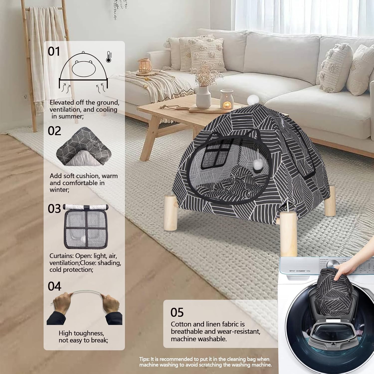 2-in-1 Elevated Cat Tent Cat House, Quick Assembly and Disassembly, Portable Indoor/Outdoor Cute Cat Bed Cave-Black Diamond Pattern - Pet Explorer
