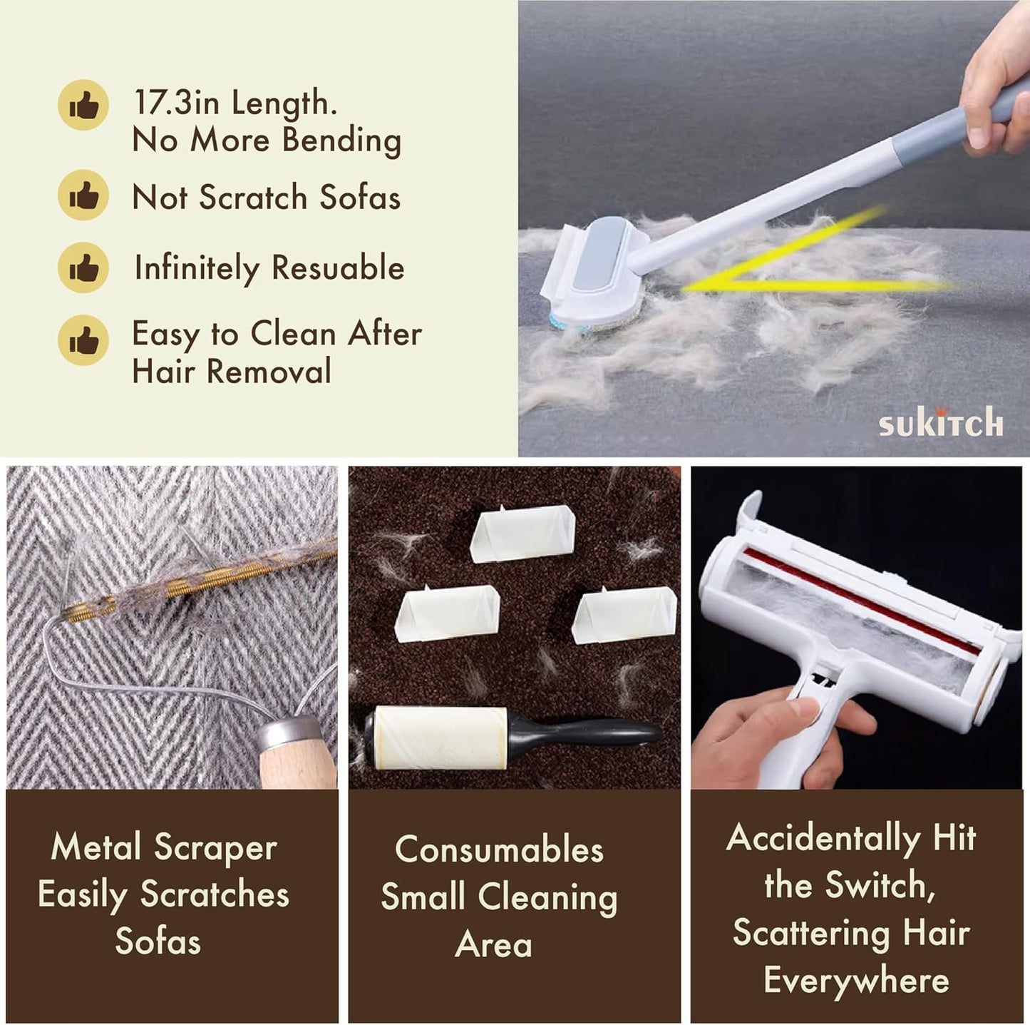 Pet Hair Remover for Couch, Grey, 17.3Inch, Durable, Reusable, Washable Lint Cleaner for Dog and Cat Hair, Gentle on Furniture, Effective on Carpets, Clothing, Bedding - Pet Explorer