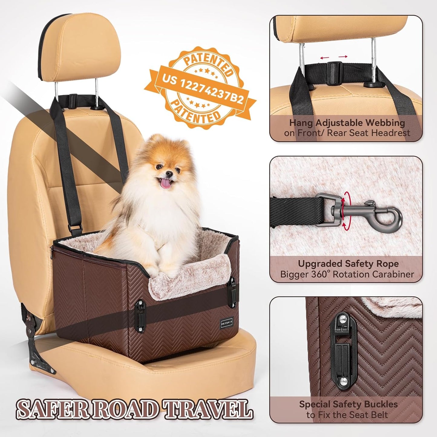 PETSFIT Car Seat for Dogs, Waterproof PU Leather Dog Car Seat for Small Dogs with Patent Safe Buckles, Clip-On Leash, Pet Travel Carrier Bed for Small Pets Up to 25lbs (Brown) - Pet Explorer