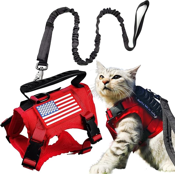 Tactical Cat Harness and Leash for Walking Escape Proof, Adjustable Military K9 Pet Vest Harness Easy Control for Large Cat, Puppy and Small Dog (Red)