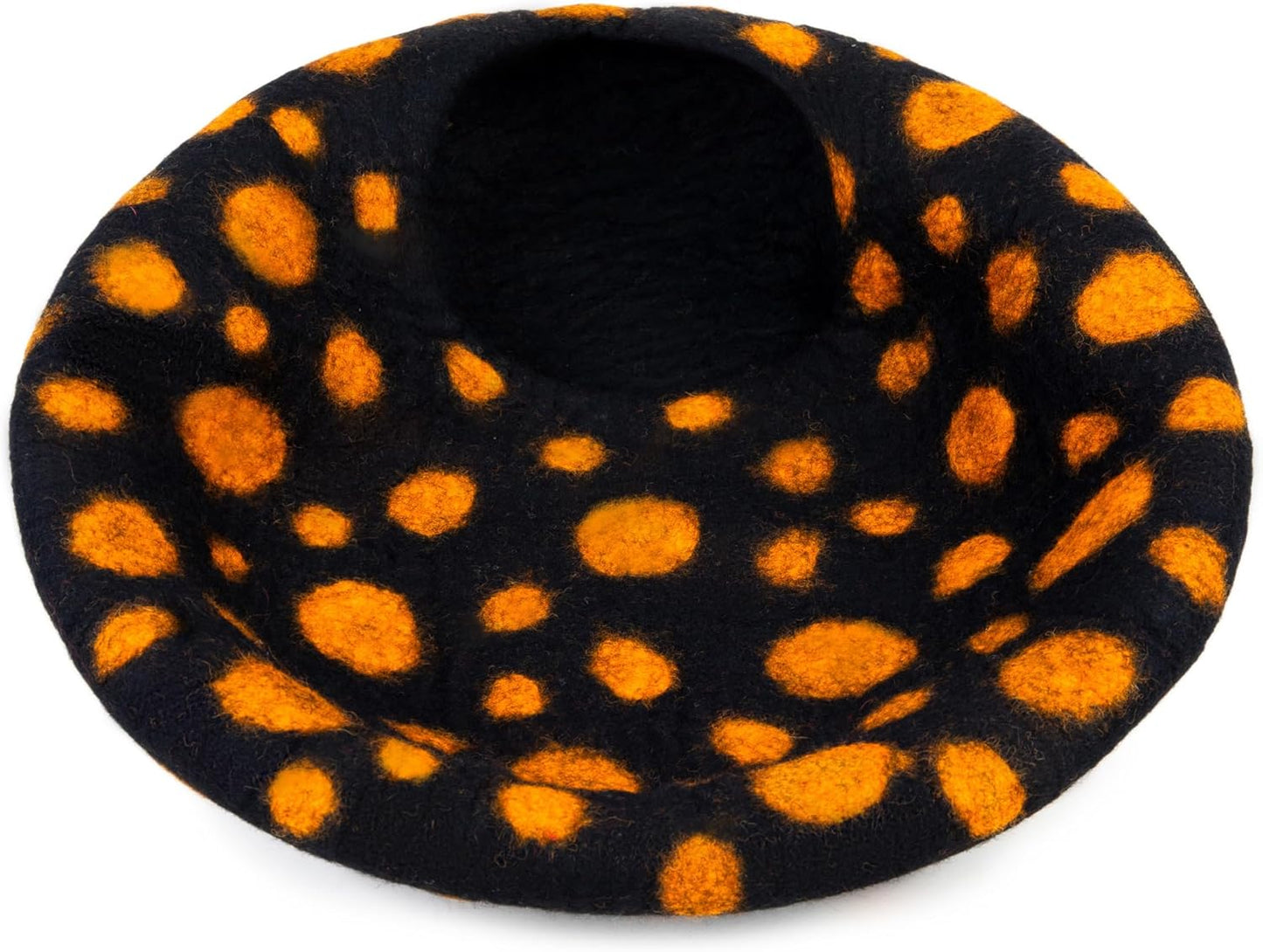 Woolygon Premium Felt Cat Cave Bed - Polka Dot Series - Wool Kitty Beds Handcrafted Kitten Caves Bed for Indoor Cats - Eco-Friendly Merino Wool, Foldable Cat Hideaway Cat Houses (Yellow/Black Dots) - Pet Explorer