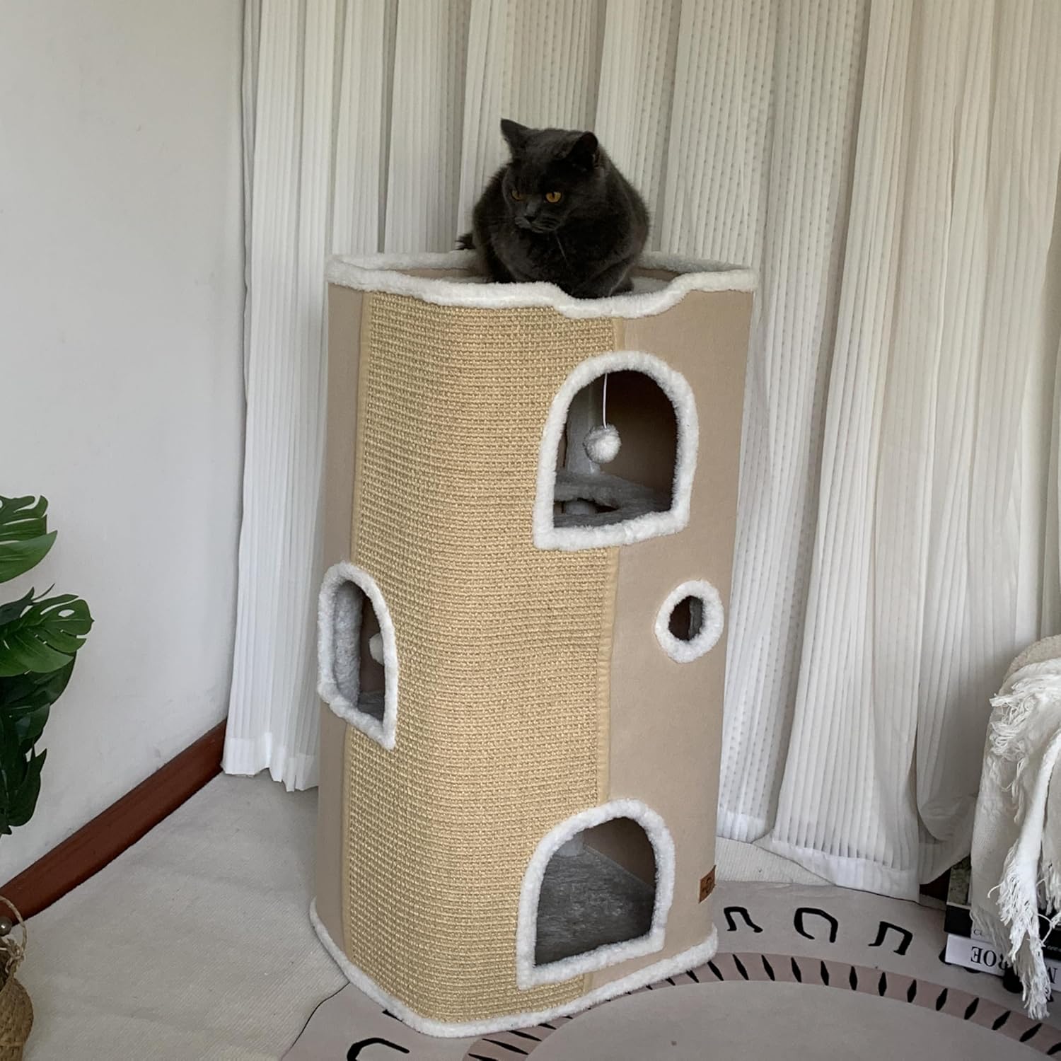 Cat House - Large Cat Cave with Fluffy Ball Hanging and Scratch Pad, Foldable 16.9x15x13 inches - Pet Explorer