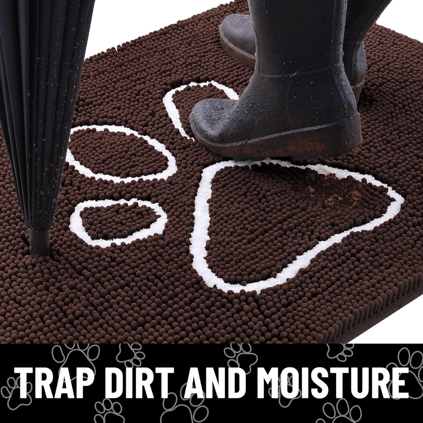 Smiry Dog Door Mat for Muddy Paws, Absorbent Dirt Trapper Non Slip Quick Dry Washable Chenille Mat for Mud Dogs, Entry Rug for Indoor and Outdoor (59x24 Inches, Brown and White)