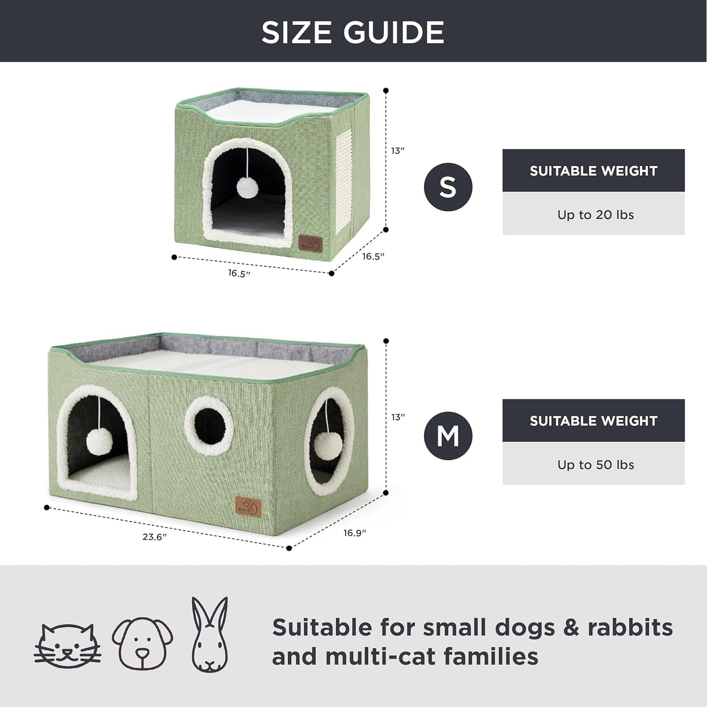 Bedsure Large Cat Beds for Indoor Cats - Extra Wide Cat Cube House for Small Pet with Fluffy Ball Hanging and Scratch Pad, Foldable Pet Cave Hideaway for Multiple Cats, 23.6x16.9x13 inches, Green - Pet Explorer