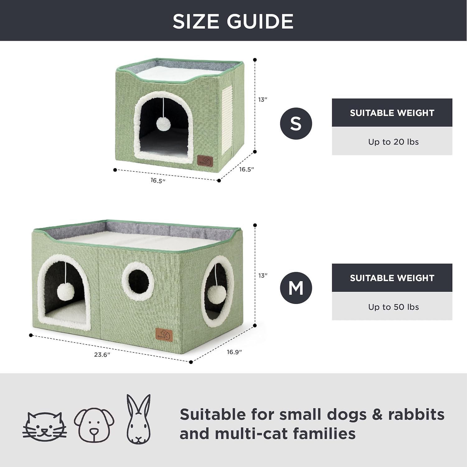 Bedsure Large Cat Beds for Indoor Cats - Extra Wide Cat Cube House for Small Pet with Fluffy Ball Hanging and Scratch Pad, Foldable Pet Cave Hideaway for Multiple Cats, 23.6x16.9x13 inches, Green - Pet Explorer