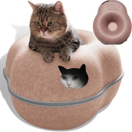 Cat Tunnel Bed for Indoor Cats, Medium Large, Donut Cave House up to 22 Lbs, Spacious for 2 Kittens (Brown) - Pet Explorer