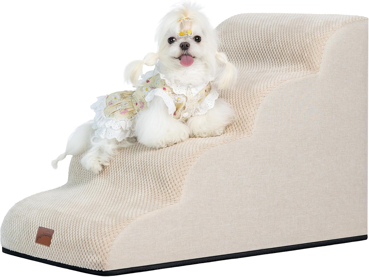 GoGoBunny Waterproof High Density Foam Curved Dog Stairs for High Beds Couches 19.7" H, 4-Step Ramp Dog Steps Friendly to Small Medium Dogs or Pets Joints, Non-Slip Balanced Durable Pet Step, Beige - Pet Explorer