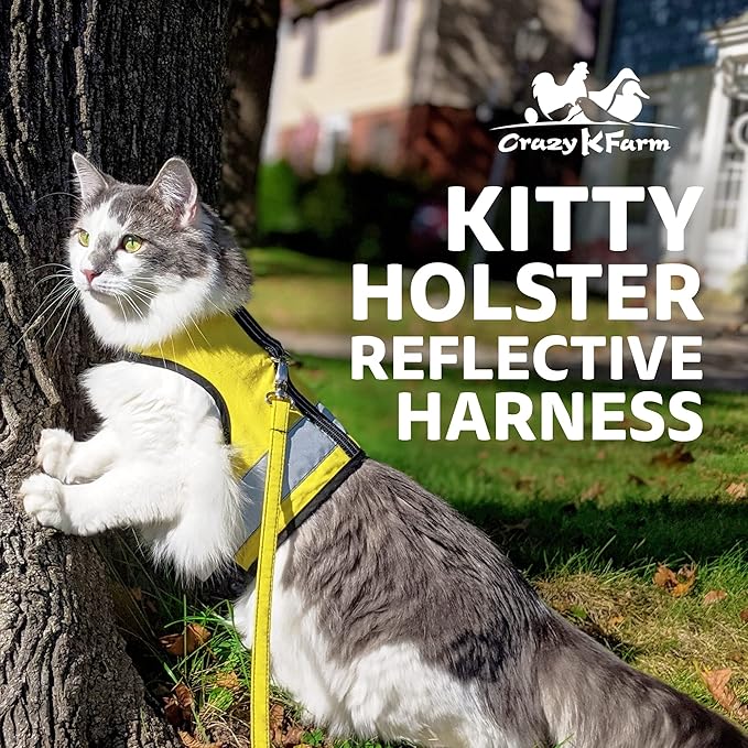 Kitty Holster Reflective Cat Harness – High-Visibility Cat Harness for Travel, Day and Night Walking - Soft Cotton Cat Accessories, Breathable, Secure & Washable, Made in USA - Sunshine Yellow, M to L