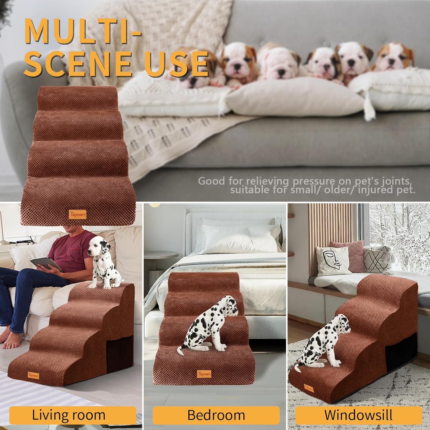 Topmart High Density Foam Dog Steps 4 Tiers,Extra Wide Deep Pet Steps,Non-Slip Dog Stairs Ramp for Bed,Soft Foam Cat Ladder,Best for Older Injured,Older Pets,Cats with Joint Pain - Pet Explorer