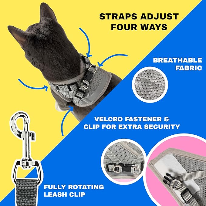 Travel Cat Harness and Leash Set - Adjustable Fit Mesh Cat Harness and Reflective Strap - Comfort Walking Vest for Kitten for Outdoor Walking, Hiking (Extra Small, Grey)