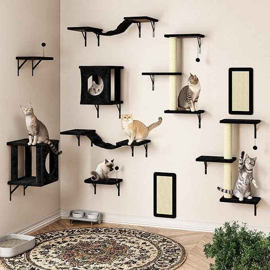NUNU LAB Wall Mounted Cat Wall Shelves, 10-in-1 Cat Wall Climber with Kitten House, Bridge, Steps, Scratcher, Indoor Space-Saving Furniture for Kittens Play, Black